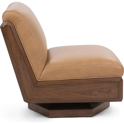 Myla Accent Chair by Classic Home in tan. Made from top grain leather, walnut veneer in a traditional style.