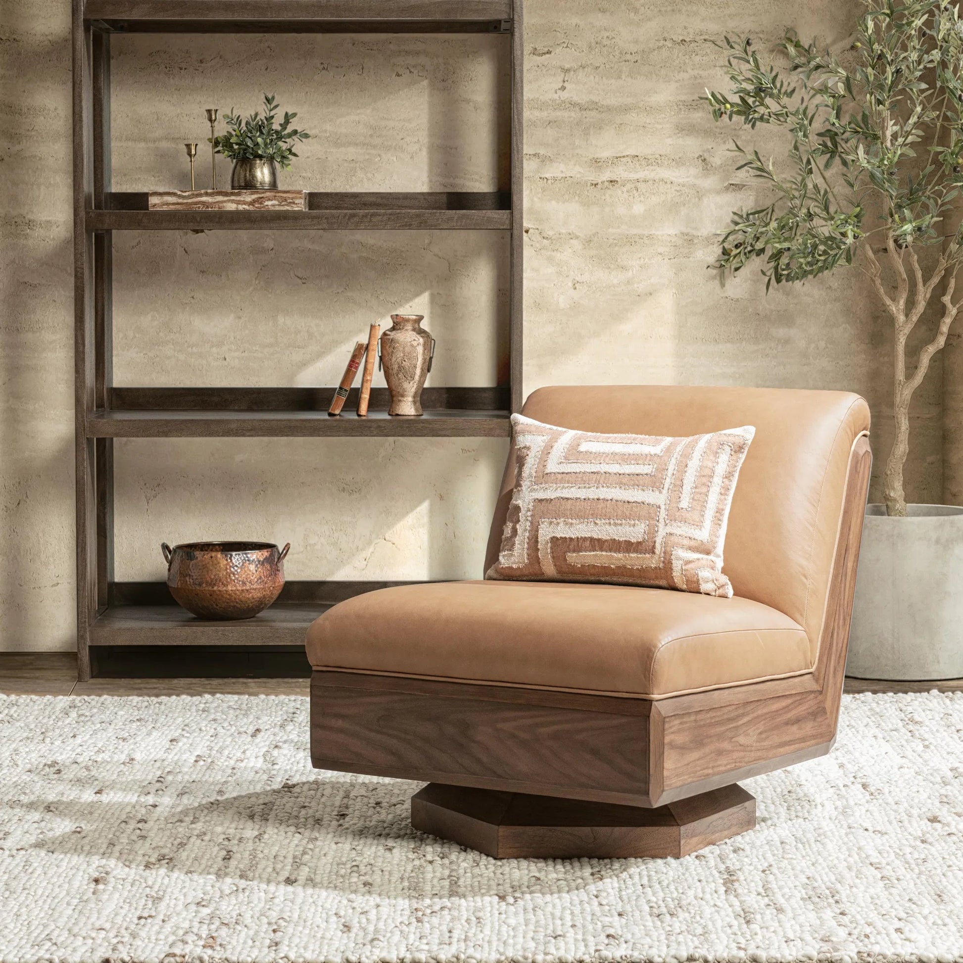 Myla Accent Chair by Classic Home in tan. Made from top grain leather, walnut veneer in a traditional style.