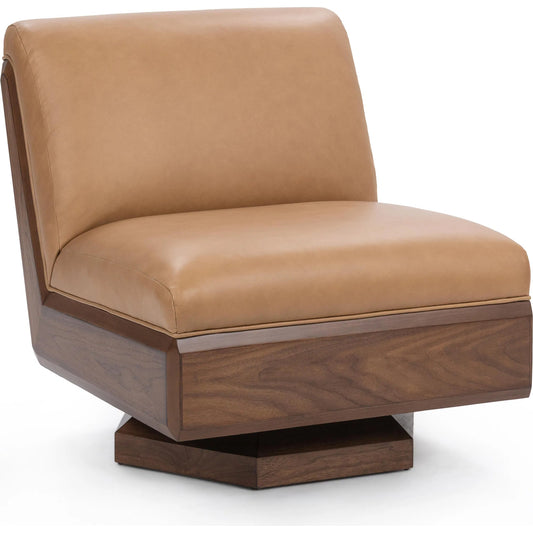 Myla Accent Chair by Classic Home in tan. Made from top grain leather, walnut veneer in a traditional style.