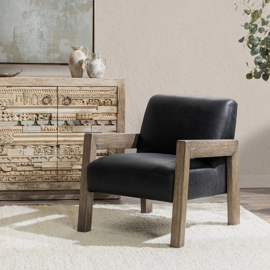 Aliza Accent Chair by Classic Home in black. Made from top grain leather, parawood in a traditional style.