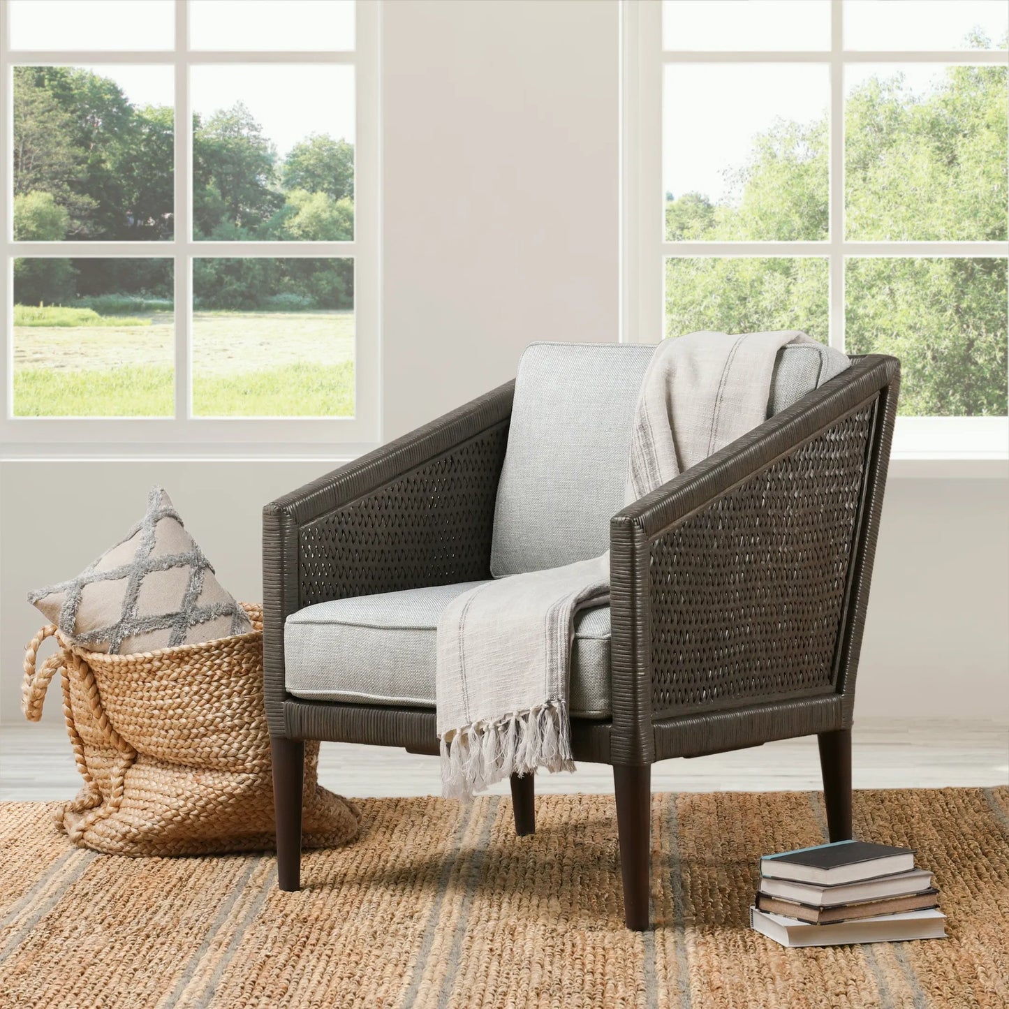 010 SI-2388557 | Lifestyle | Kaitlin Wicker Accent Chair by Classic Home in pearl gray. Made from wicker, rattan in a transitional style.