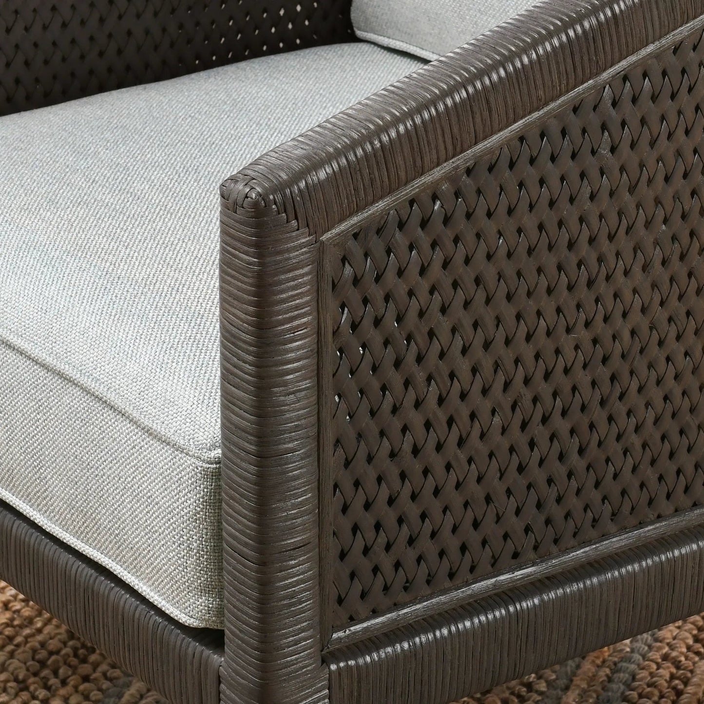 014 SI-2388557 | Closeup | Kaitlin Wicker Accent Chair by Classic Home in pearl gray. Made from wicker, rattan in a transitional style.