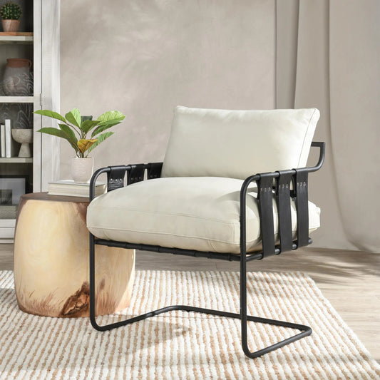 Toluca Accent Chair by Classic Home in cream, black. Made from top grain leather, metal in a modern style.