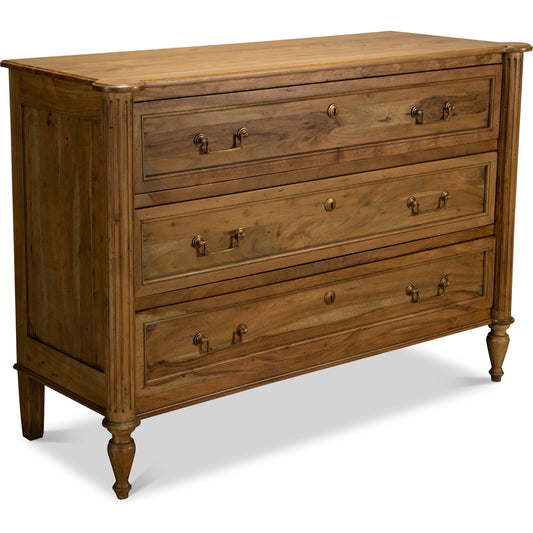 Chamberlain Chest Of Drawers by Sarreid Ltd. in tan and solid cast brass hardware. Made from solid acacia, brass in a rustic style.
