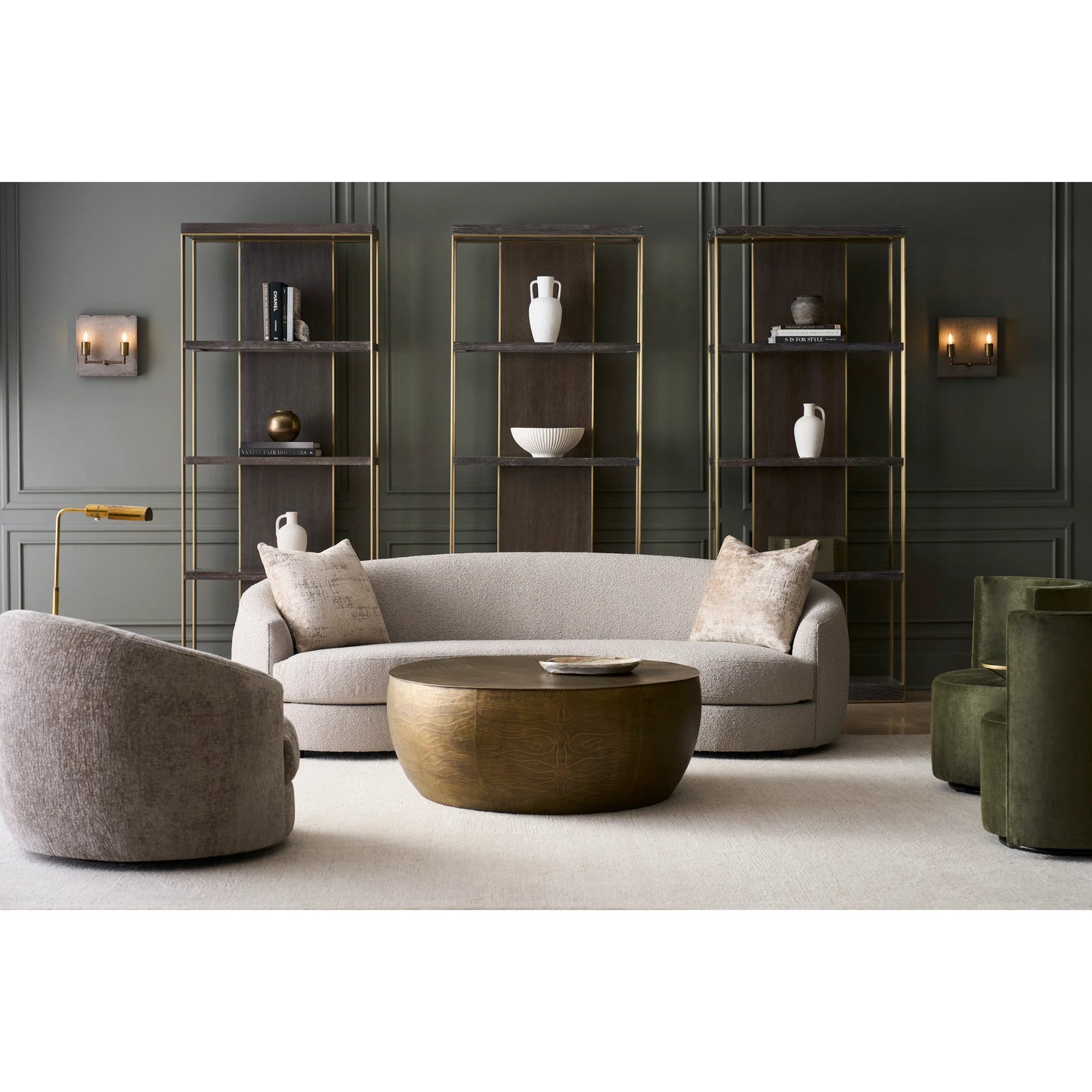 006 SI-2636073 | Lifestyle | Libby Langdon Wesley Etageré by Fairfield Chair in brown and cerused espresso. Made from ash solids in a unique style.