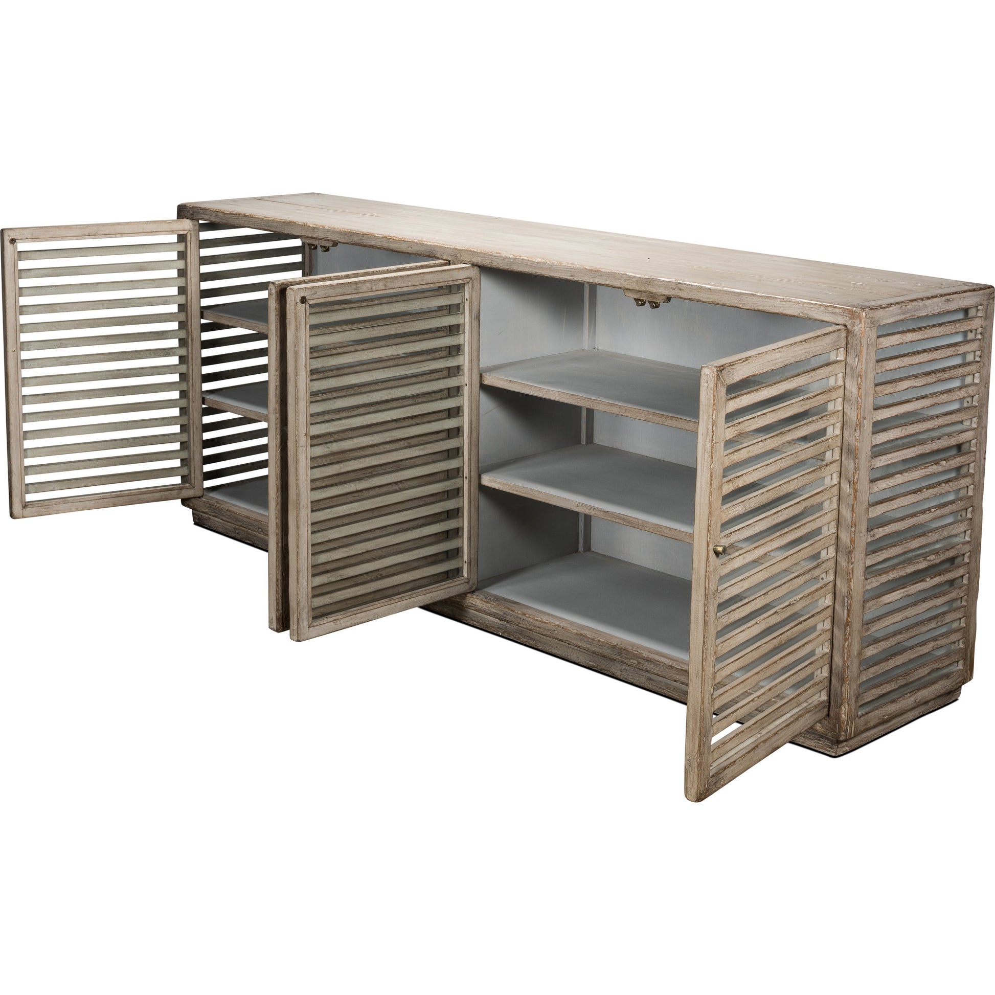St. Nevis Sideboard by Sarreid Ltd. in gray and 4 fixed shelves. Made from pine in a cottage & farmhouse style.