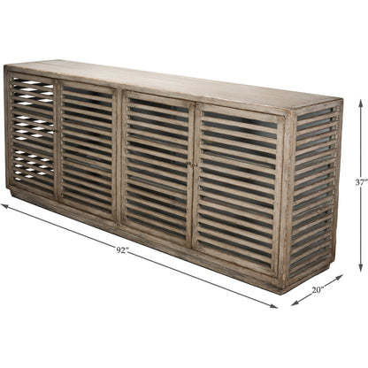 St. Nevis Sideboard by Sarreid Ltd. in gray and 4 fixed shelves. Made from pine in a cottage & farmhouse style.