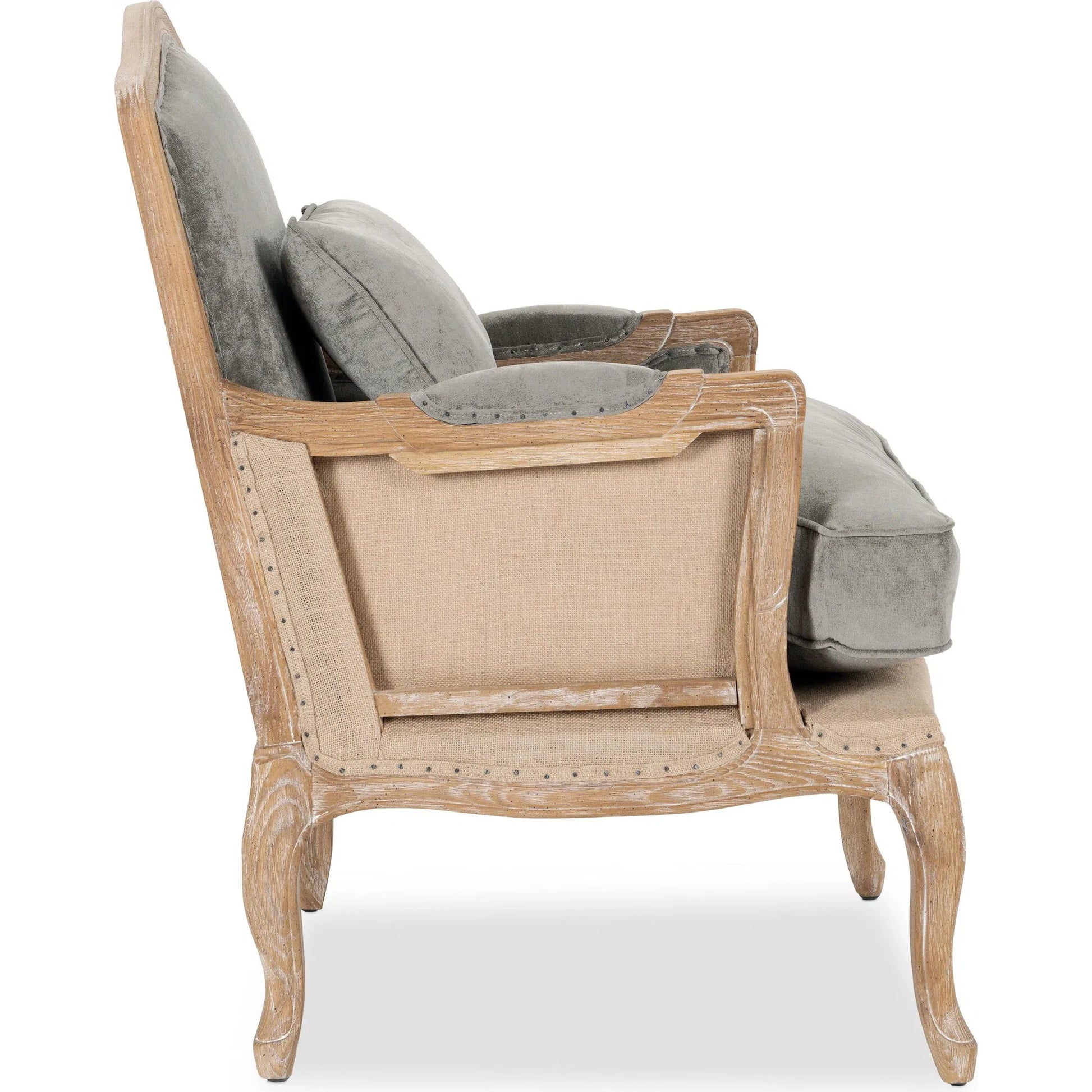 Brittani Club Chair by Classic Home in gray upholstery, natural distressed frame. Made from upholstery: 95% polyester 3% nylon 2% silk, 100% jute, oak wood legs in a cottage & farmhouse style.