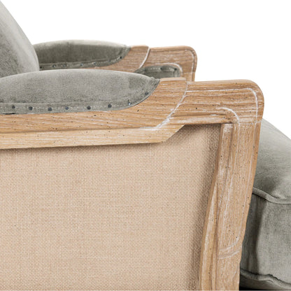 Brittani Club Chair by Classic Home in gray upholstery, natural distressed frame. Made from upholstery: 95% polyester 3% nylon 2% silk, 100% jute, oak wood legs in a cottage & farmhouse style.