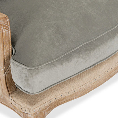 Brittani Club Chair by Classic Home in gray upholstery, natural distressed frame. Made from upholstery: 95% polyester 3% nylon 2% silk, 100% jute, oak wood legs in a cottage & farmhouse style.