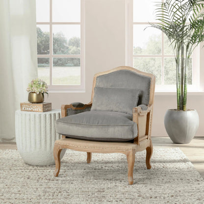 Brittani Club Chair by Classic Home in gray upholstery, natural distressed frame. Made from upholstery: 95% polyester 3% nylon 2% silk, 100% jute, oak wood legs in a cottage & farmhouse style.