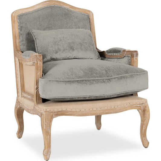 010 None | Unknown | Brittani Club Chair by Classic Home in gray upholstery, natural distressed frame. Made from upholstery: 95% polyester 3% nylon 2% silk, 100% jute, oak wood legs in a cottage & farmhouse style.