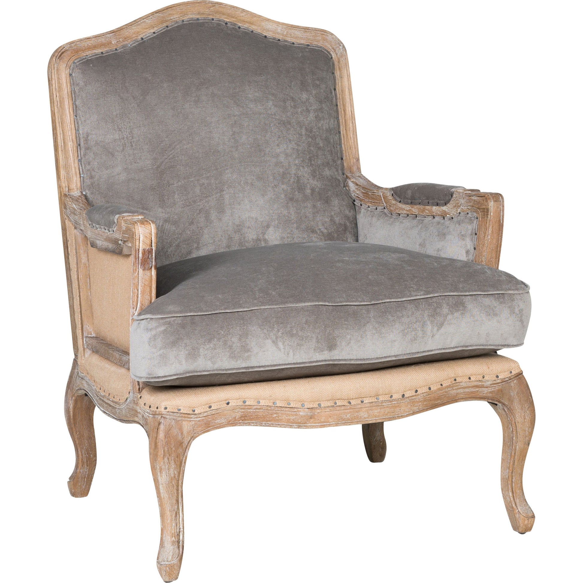 Brittani Club Chair by Classic Home in gray upholstery, natural distressed frame. Made from upholstery: 95% polyester 3% nylon 2% silk, 100% jute, oak wood legs in a cottage & farmhouse style.