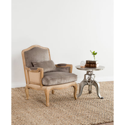 Brittani Club Chair by Classic Home in gray upholstery, natural distressed frame. Made from upholstery: 95% polyester 3% nylon 2% silk, 100% jute, oak wood legs in a cottage & farmhouse style.