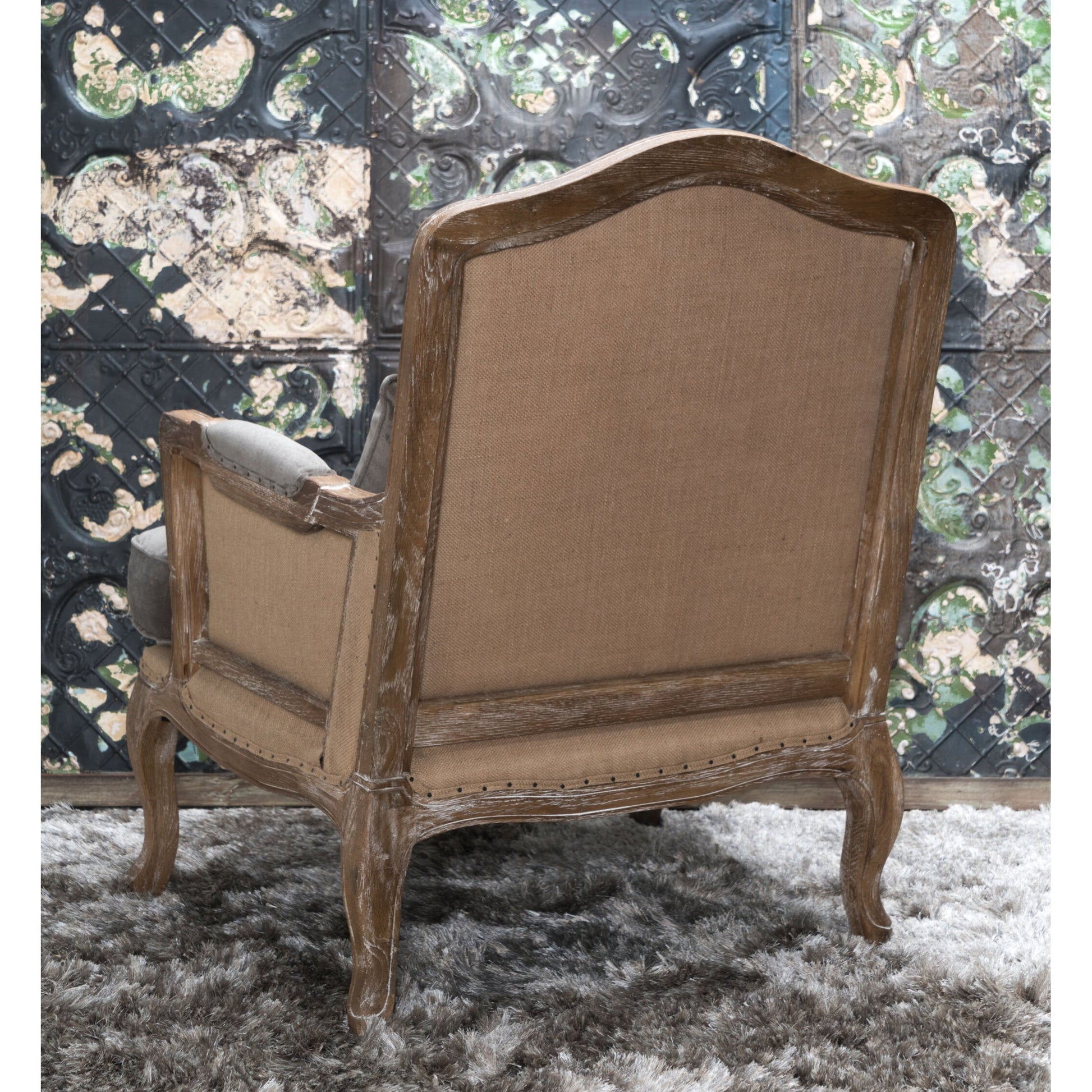 Brittani Club Chair by Classic Home in gray upholstery, natural distressed frame. Made from upholstery: 95% polyester 3% nylon 2% silk, 100% jute, oak wood legs in a cottage & farmhouse style.