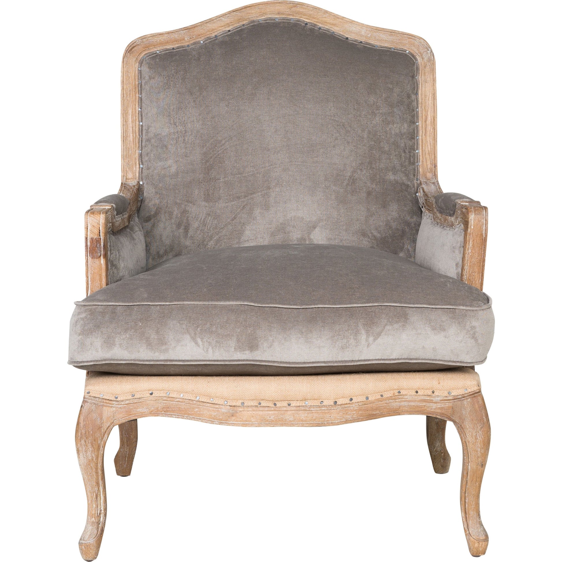 Brittani Club Chair by Classic Home in gray upholstery, natural distressed frame. Made from upholstery: 95% polyester 3% nylon 2% silk, 100% jute, oak wood legs in a cottage & farmhouse style.