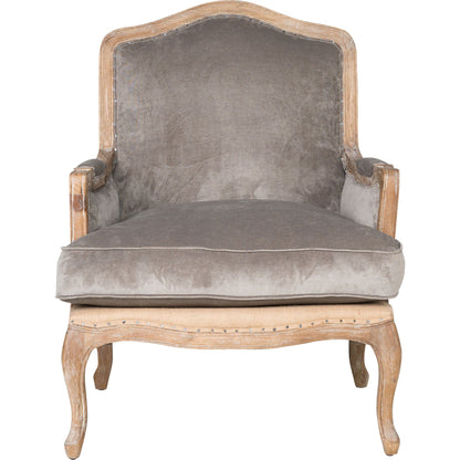 Brittani Club Chair by Classic Home in gray upholstery, natural distressed frame. Made from upholstery: 95% polyester 3% nylon 2% silk, 100% jute, oak wood legs in a cottage & farmhouse style.