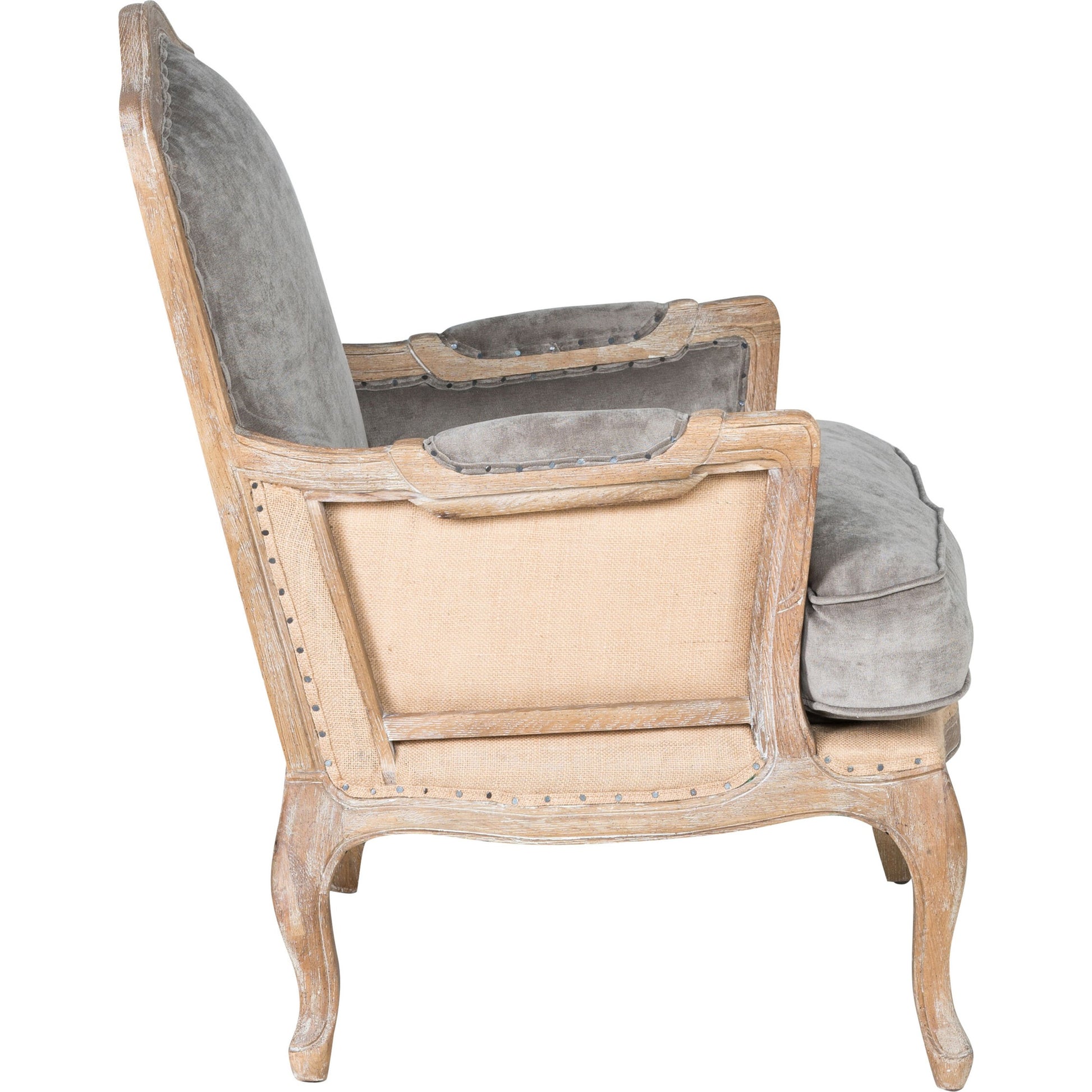 Brittani Club Chair by Classic Home in gray upholstery, natural distressed frame. Made from upholstery: 95% polyester 3% nylon 2% silk, 100% jute, oak wood legs in a cottage & farmhouse style.