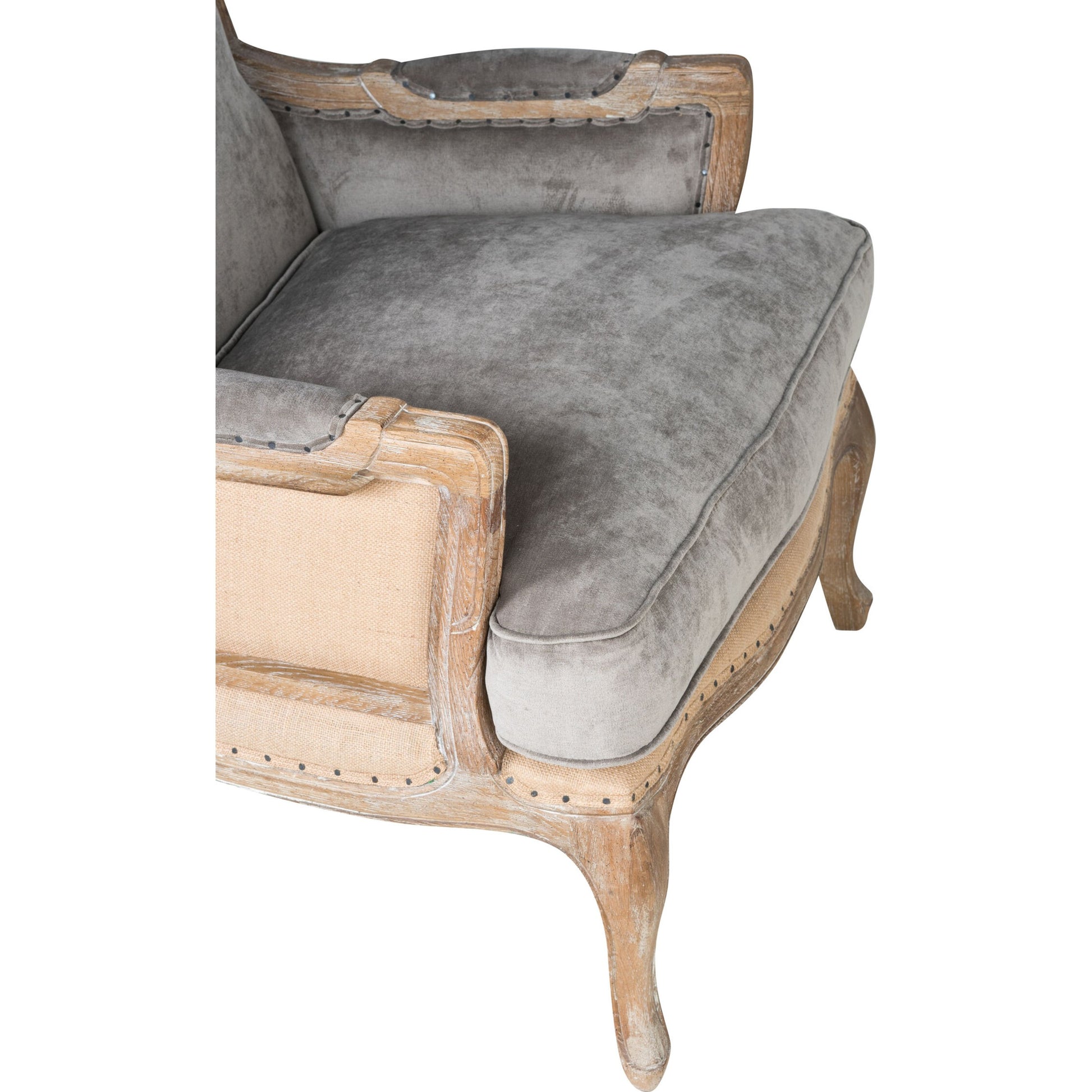 Brittani Club Chair by Classic Home in gray upholstery, natural distressed frame. Made from upholstery: 95% polyester 3% nylon 2% silk, 100% jute, oak wood legs in a cottage & farmhouse style.