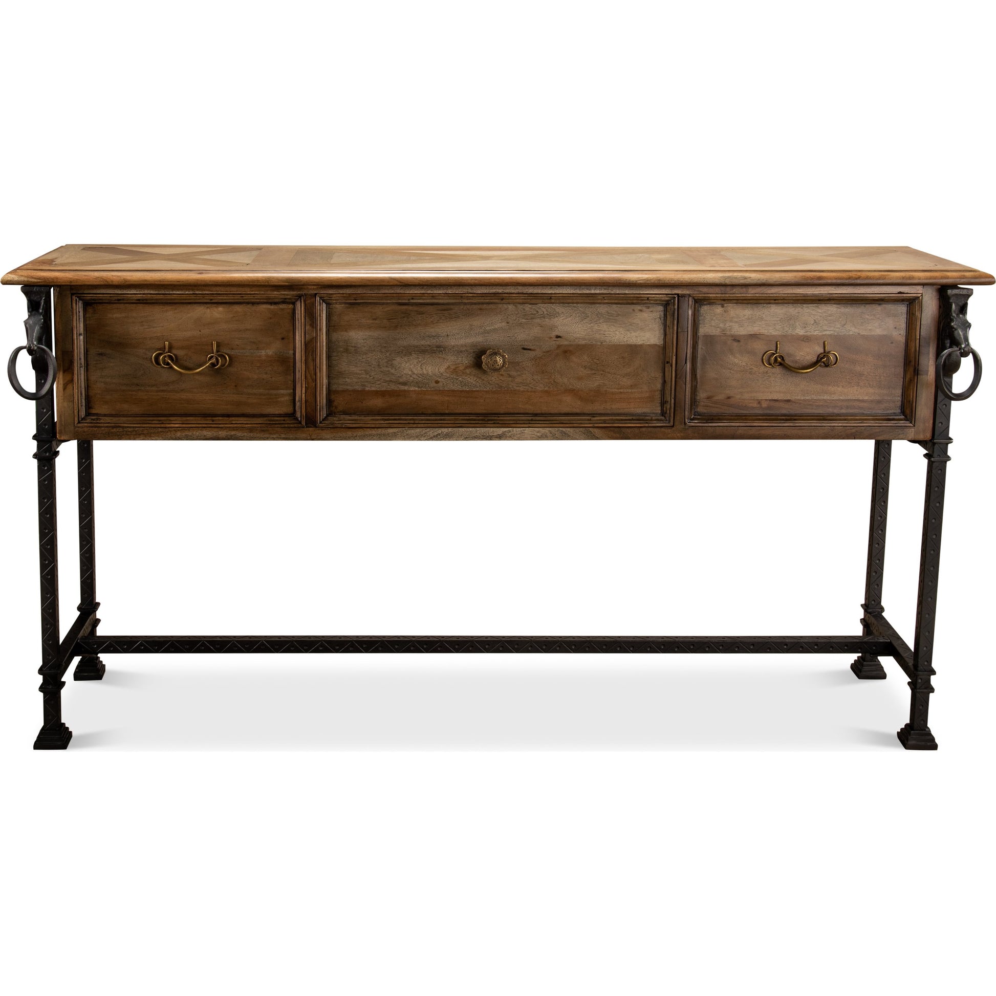 Game Of Thornes Console Table by Sarreid Ltd. in tan and desert bleached finish. Made from solid acacia wood, iron in a rustic style.