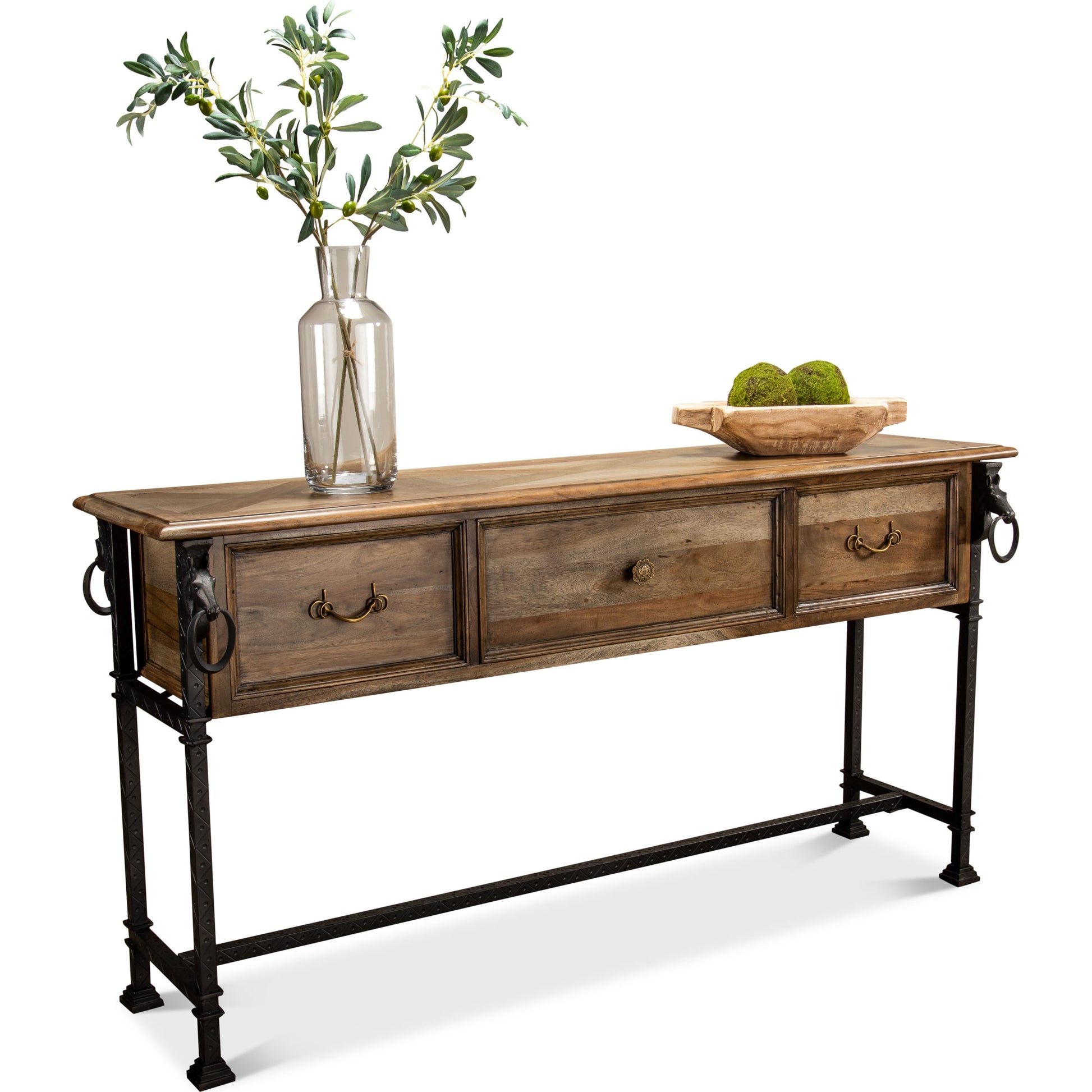 Game Of Thornes Console Table by Sarreid Ltd. in tan and desert bleached finish. Made from solid acacia wood, iron in a rustic style.