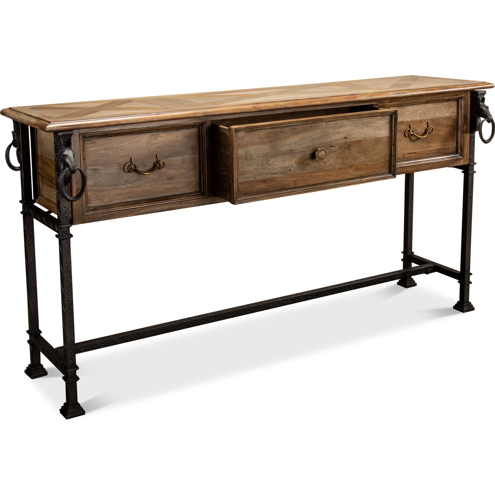 Game Of Thornes Console Table by Sarreid Ltd. in tan and desert bleached finish. Made from solid acacia wood, iron in a rustic style.