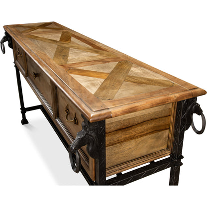 Game Of Thornes Console Table by Sarreid Ltd. in tan and desert bleached finish. Made from solid acacia wood, iron in a rustic style.