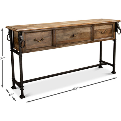 Game Of Thornes Console Table by Sarreid Ltd. in tan and desert bleached finish. Made from solid acacia wood, iron in a rustic style.