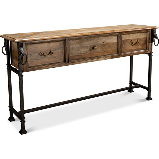 Game Of Thornes Console Table by Sarreid Ltd. in tan and desert bleached finish. Made from solid acacia wood, iron in a rustic style.