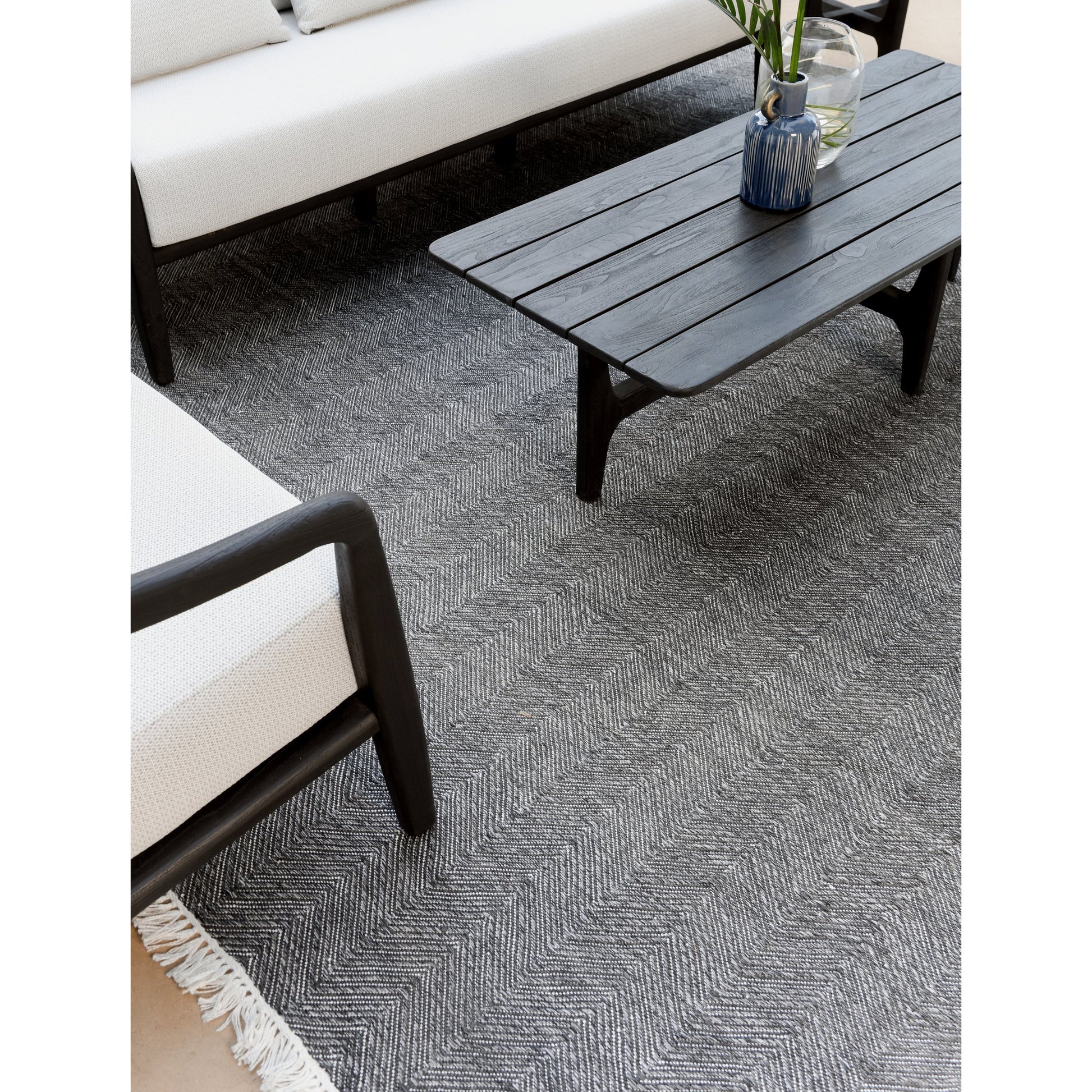 Aria Outdoor Sofa by Classic Home in cream, black. Made from teak wood, wicker, 100% olefin in a modern style.