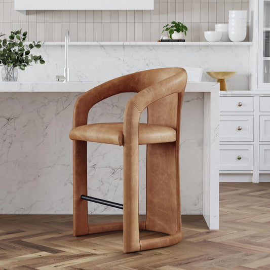 Archie 26" Distressed Leather Counter Stool by Classic Home in brown. Made from top grain leather, stainless steel in a transitional style.