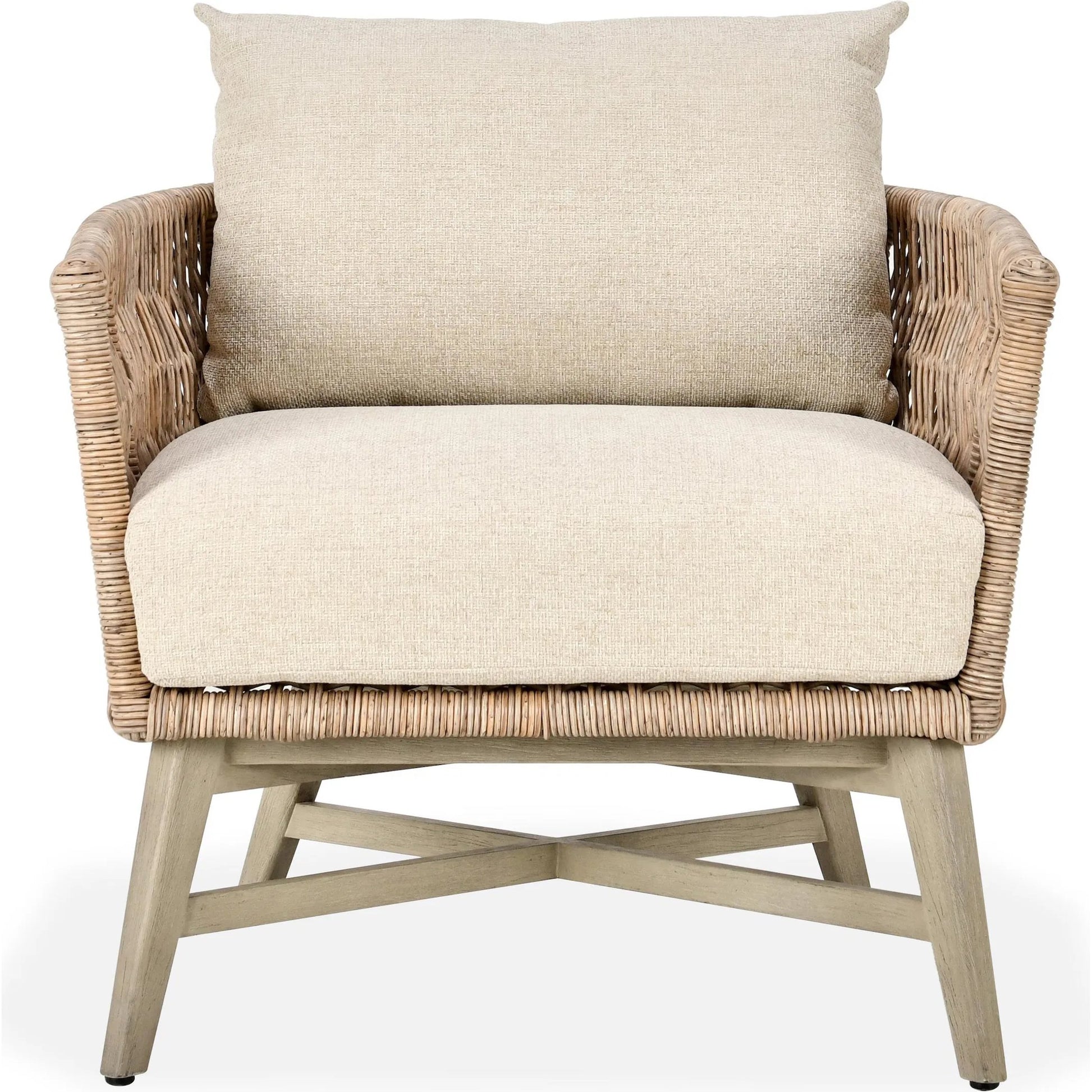 Collins Outdoor Accent Chair by Classic Home in natural, sand. Made from synthetic rope, 100% olefin, mahogany wood in a rustic style.