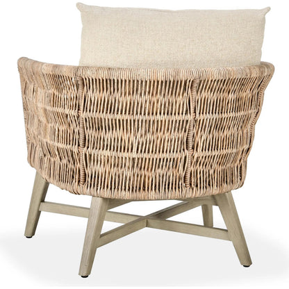 Collins Outdoor Accent Chair by Classic Home in natural, sand. Made from synthetic rope, 100% olefin, mahogany wood in a rustic style.