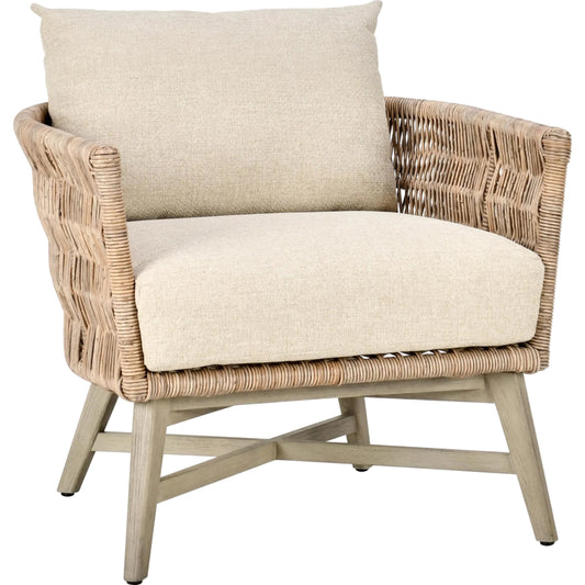 Collins Outdoor Accent Chair by Classic Home in natural, sand. Made from synthetic rope, 100% olefin, mahogany wood in a unique style.