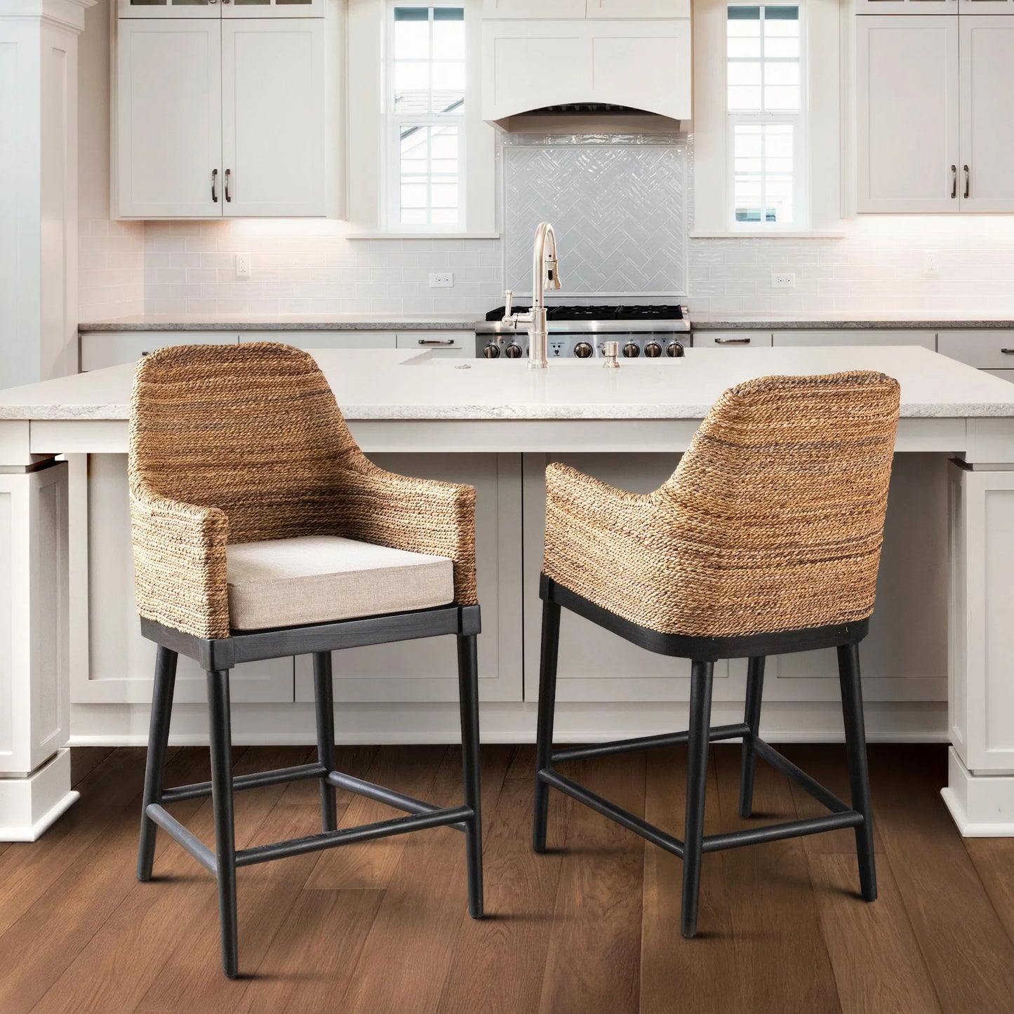 010 SI-2518864 | Lifestyle | Rey Stool by Kosas Home in natural, beige. Made from banana leaf, mahogany wood, 100% polyester in a rustic style.