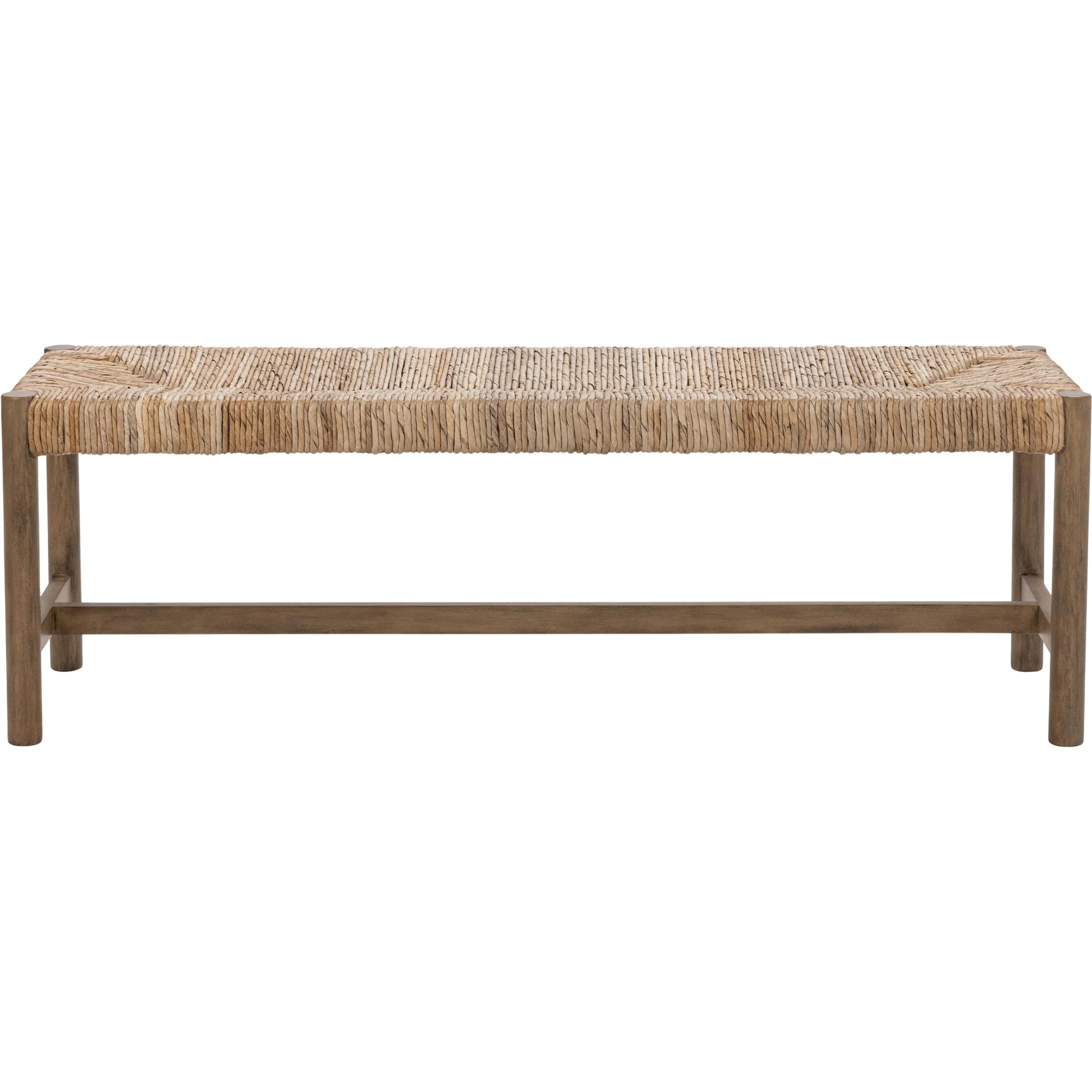 Zaylen Bench by Kosas Home in brown wash. Made from banana bark, mahogany wood in a rustic style.