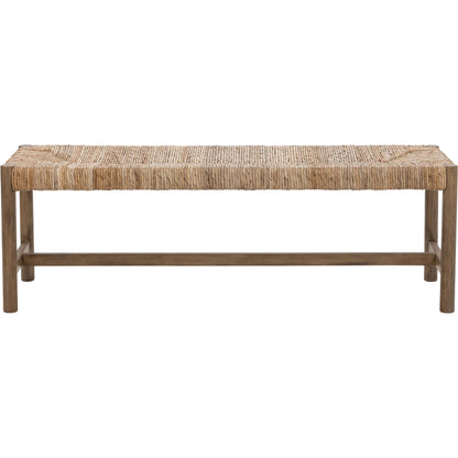 Zaylen Bench by Kosas Home in brown wash. Made from banana bark, mahogany wood in a rustic style.