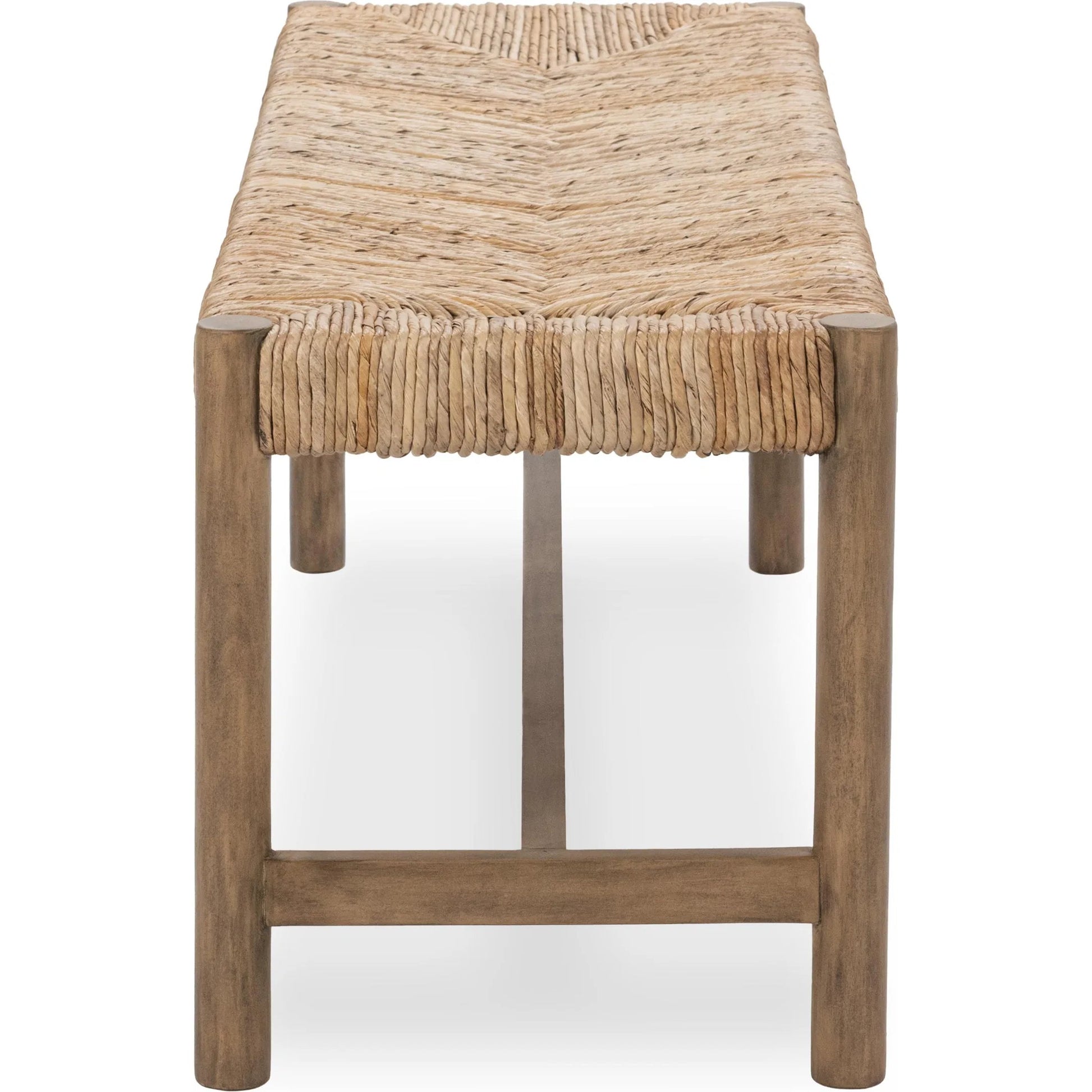 Zaylen Bench by Kosas Home in brown wash. Made from banana bark, mahogany wood in a rustic style.