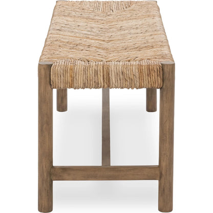 Zaylen Bench by Kosas Home in brown wash. Made from banana bark, mahogany wood in a rustic style.