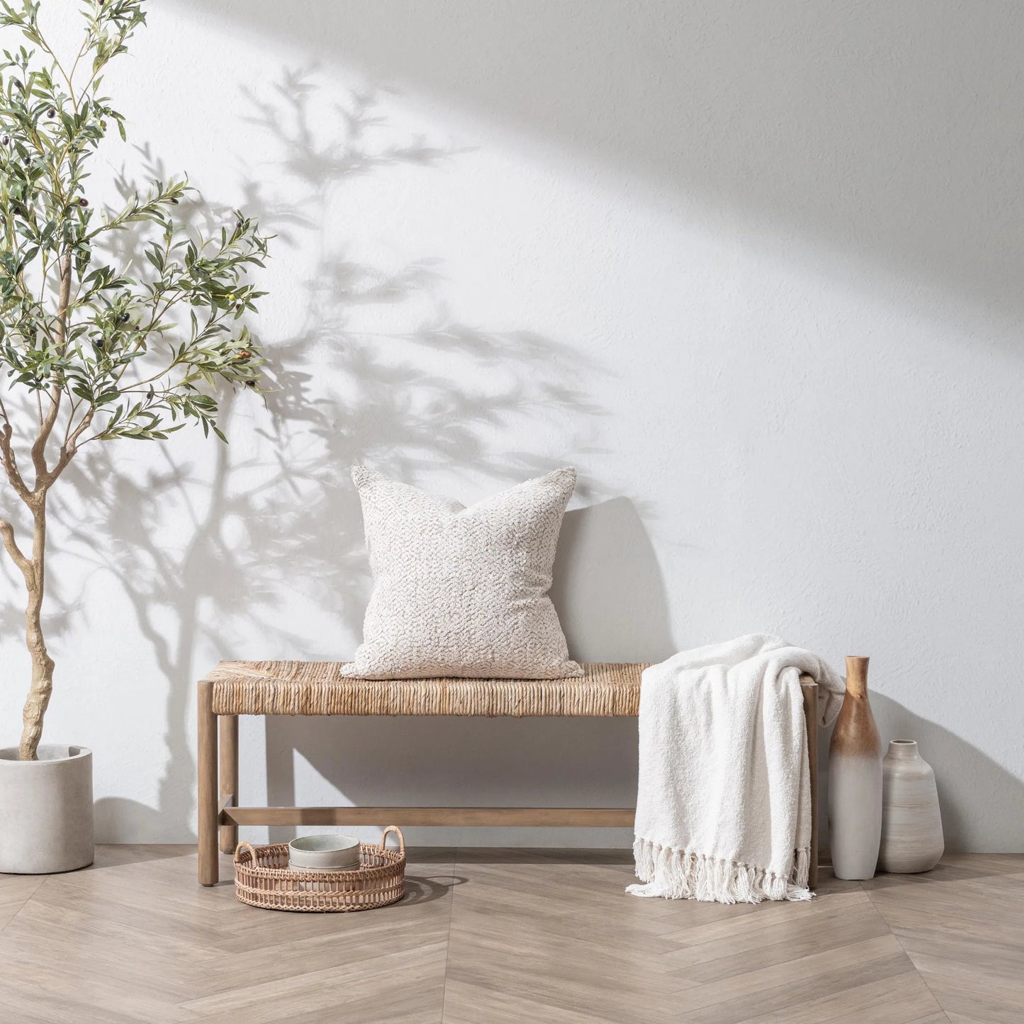 005 SI-2518867 | Lifestyle | Zaylen Bench by Kosas Home in brown wash. Made from banana bark, mahogany wood in a rustic style.