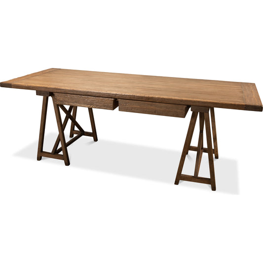 Sawhorse Desk by Sarreid Ltd. in tan and 4 drawers. Made from pine in a rustic style.