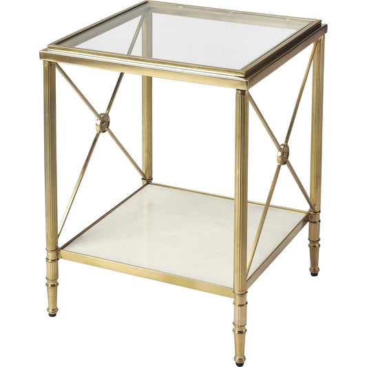 Taren End Table by Butler Specialty Company in gold and metalworks. Made from iron, aluminum, white marble, clear tempered glass in a transitional style.