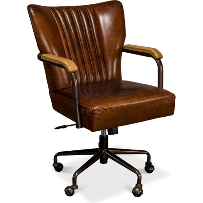 Parker Office Chair by Sarreid Ltd. in brown and vintage cigar leather swivels. Made from leather, metal in a modern style.