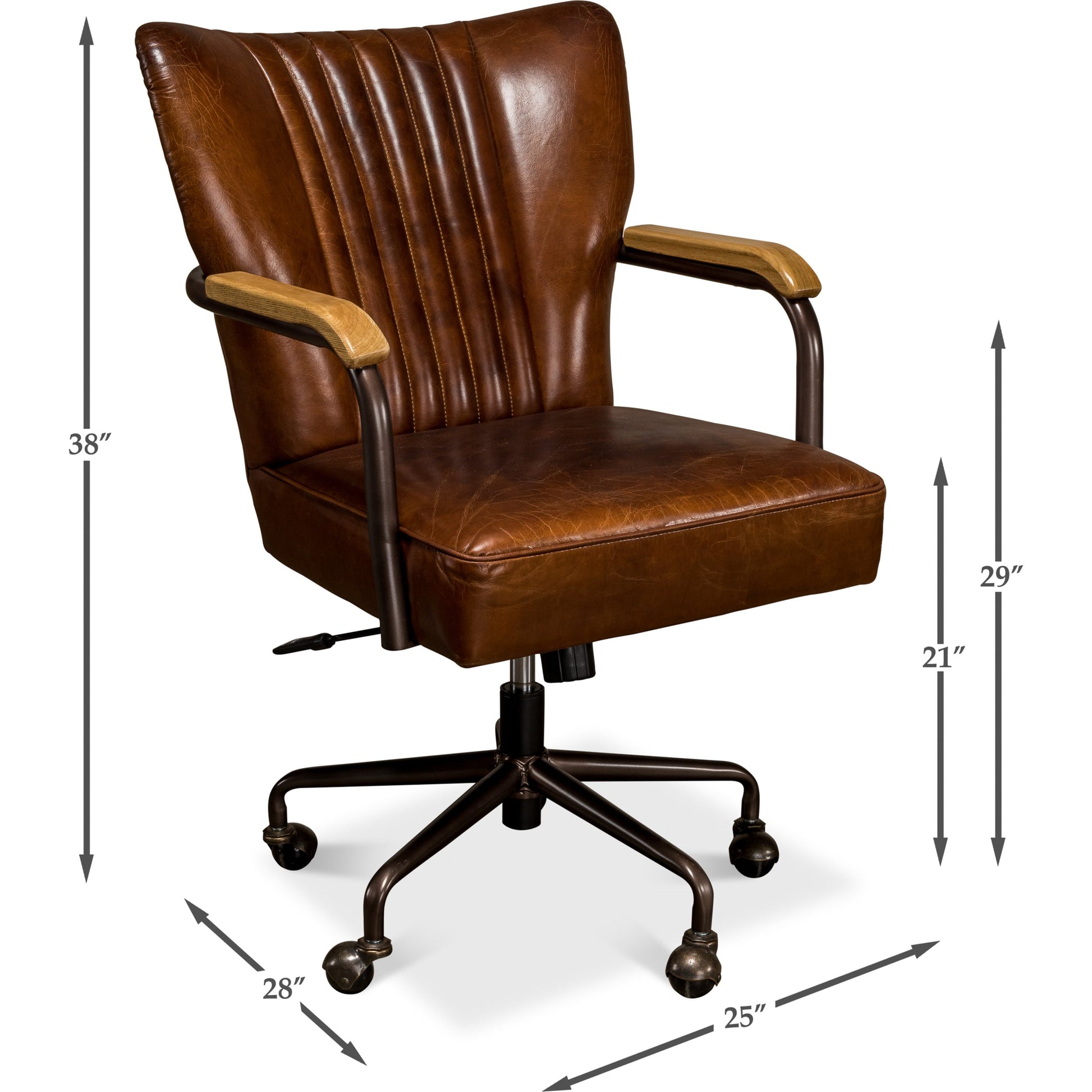 Parker Office Chair by Sarreid Ltd. in brown and vintage cigar leather swivels. Made from leather, metal in a modern style.