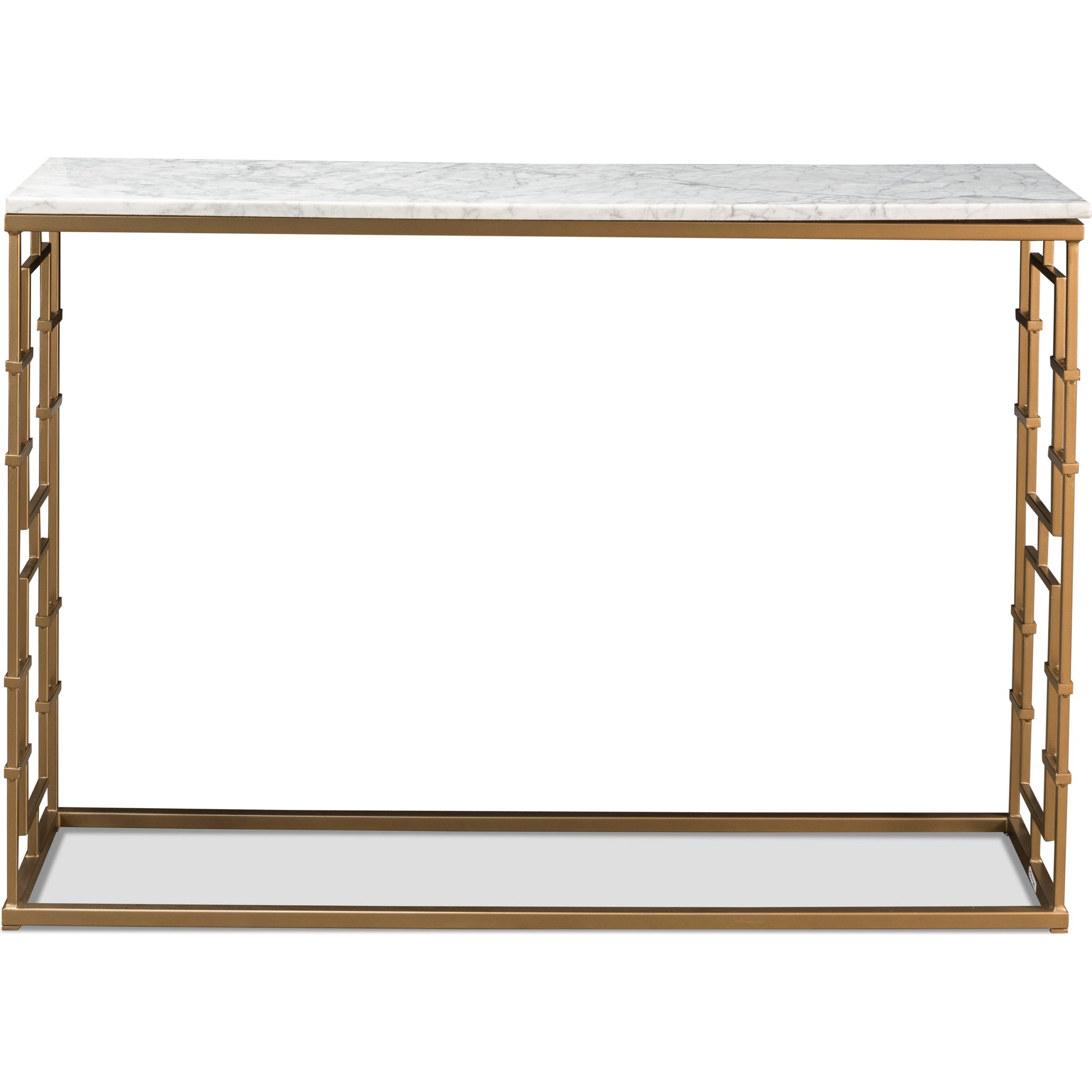 Brass Gate White Marble Console Table by Sarreid Ltd. in white and marble:white background/grey veins. Made from marble, iron in a transitional style.