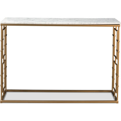 Brass Gate White Marble Console Table by Sarreid Ltd. in white and marble:white background/grey veins. Made from marble, iron in a transitional style.