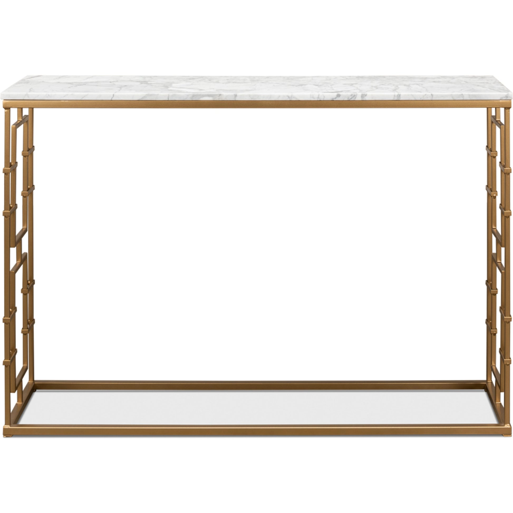 Brass Gate White Marble Console Table by Sarreid Ltd. in white and marble:white background/grey veins. Made from marble, iron in a transitional style.