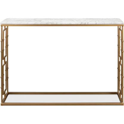 Brass Gate White Marble Console Table by Sarreid Ltd. in white and marble:white background/grey veins. Made from marble, iron in a transitional style.
