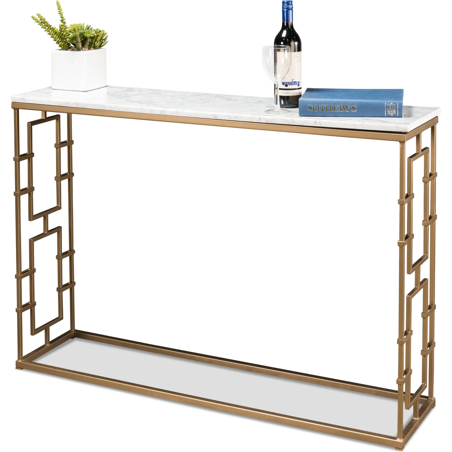 002 SR-857489 | Additional Silo | Brass Gate White Marble Console Table by Sarreid Ltd. in white and marble:white background/grey veins. Made from marble, iron in a transitional style.