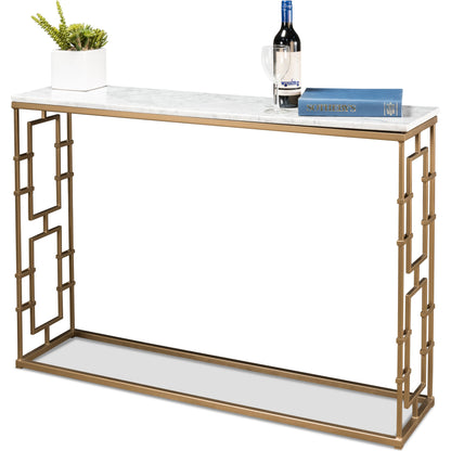 Brass Gate White Marble Console Table by Sarreid Ltd. in white and marble:white background/grey veins. Made from marble, iron in a transitional style.